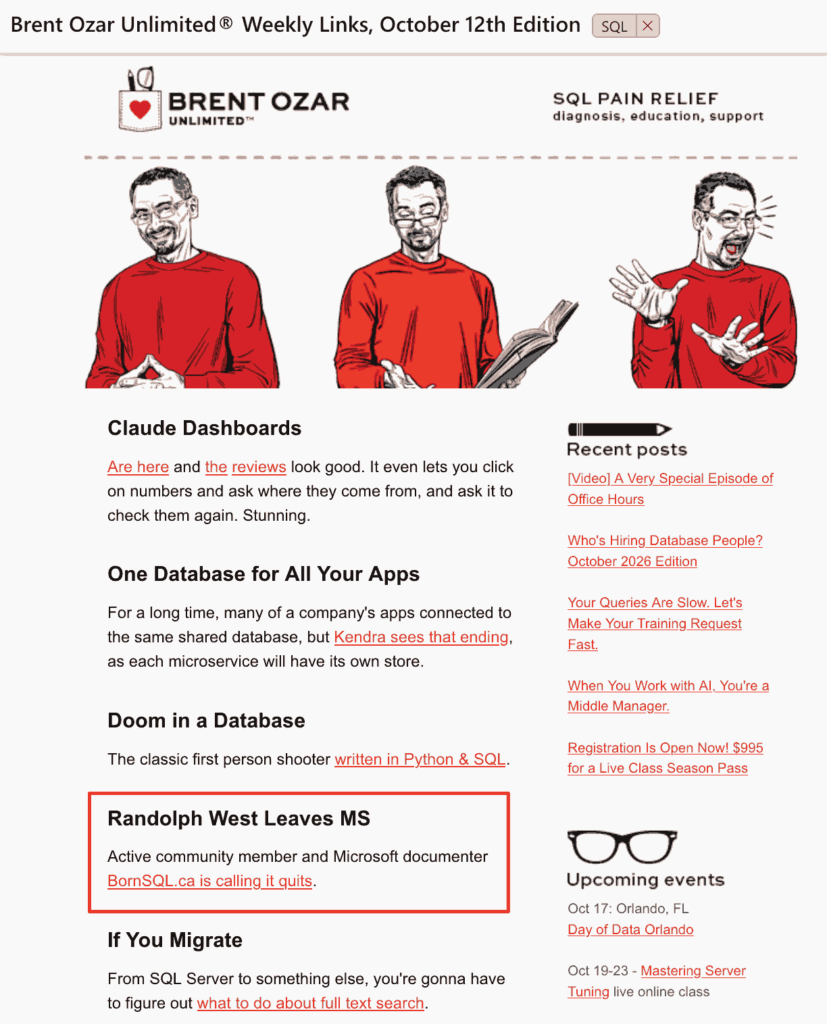 Screenshot of the Brent Ozar newsletter from 12 October 2026, with the link to my blog post highlighted.